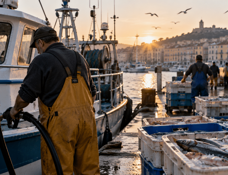 Pêcheur faisant le plein de carburant de son bateau à côté de caisses de poissons fraîchement débarqués dans un port méditerranéen.