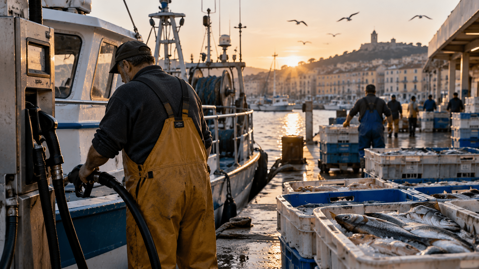 Pêcheur faisant le plein de carburant de son bateau à côté de caisses de poissons fraîchement débarqués dans un port méditerranéen.