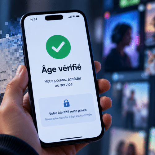 Smartphone affichant « Âge vérifié » devant une carte d’identité dont les données personnelles sont masquées.