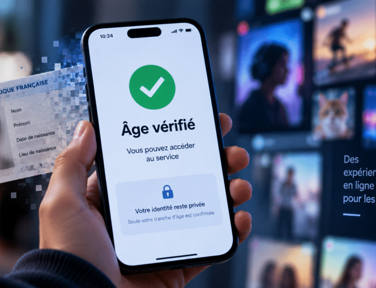 Smartphone affichant « Âge vérifié » devant une carte d’identité dont les données personnelles sont masquées.