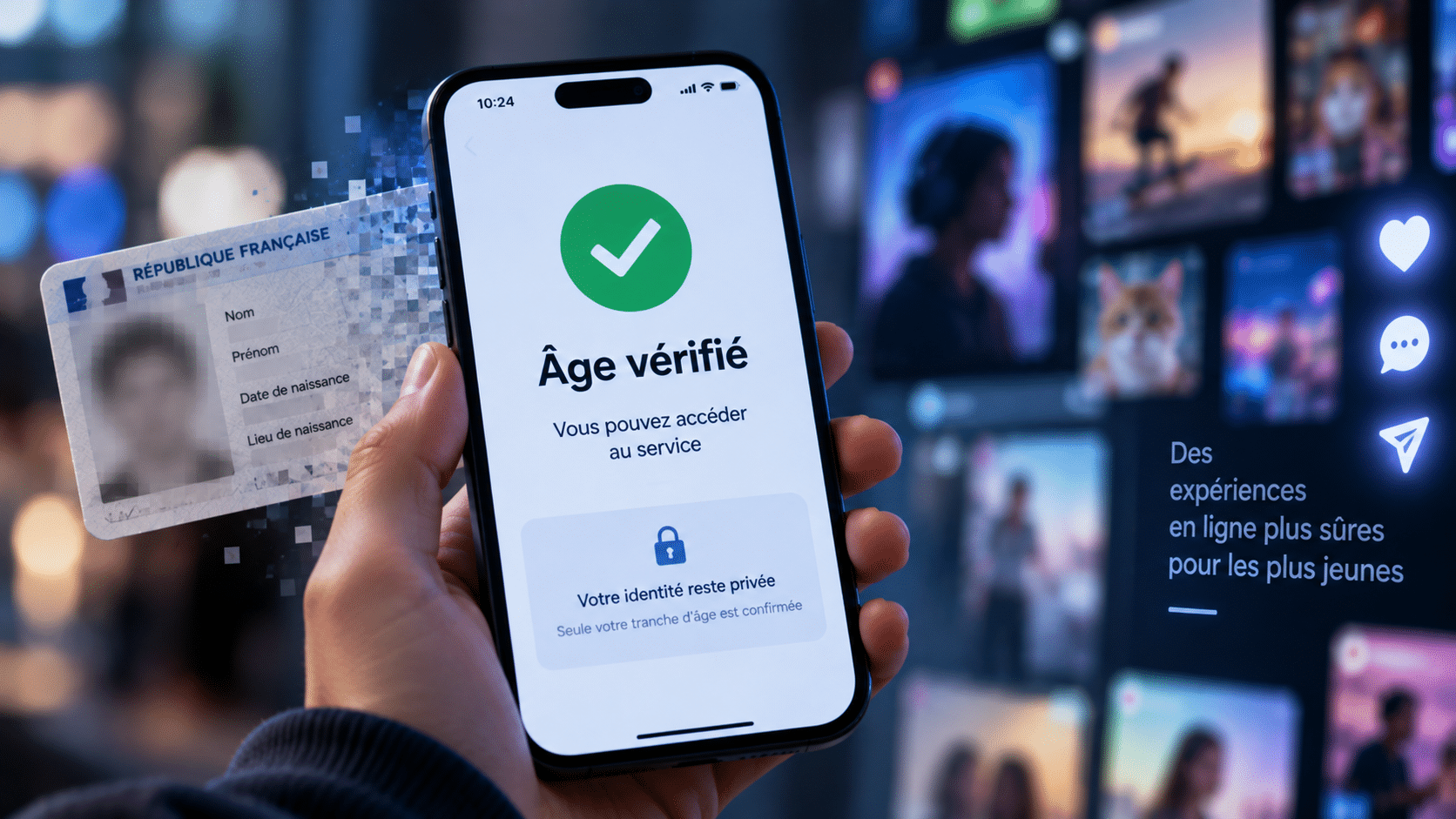Smartphone affichant « Âge vérifié » devant une carte d’identité dont les données personnelles sont masquées.
