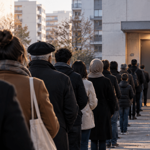 File d’attente devant l’entrée d’un immeuble de logements collectifs, illustrant la pénurie de logements.