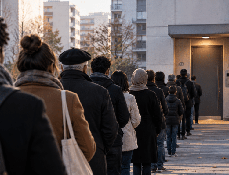 File d’attente devant l’entrée d’un immeuble de logements collectifs, illustrant la pénurie de logements.