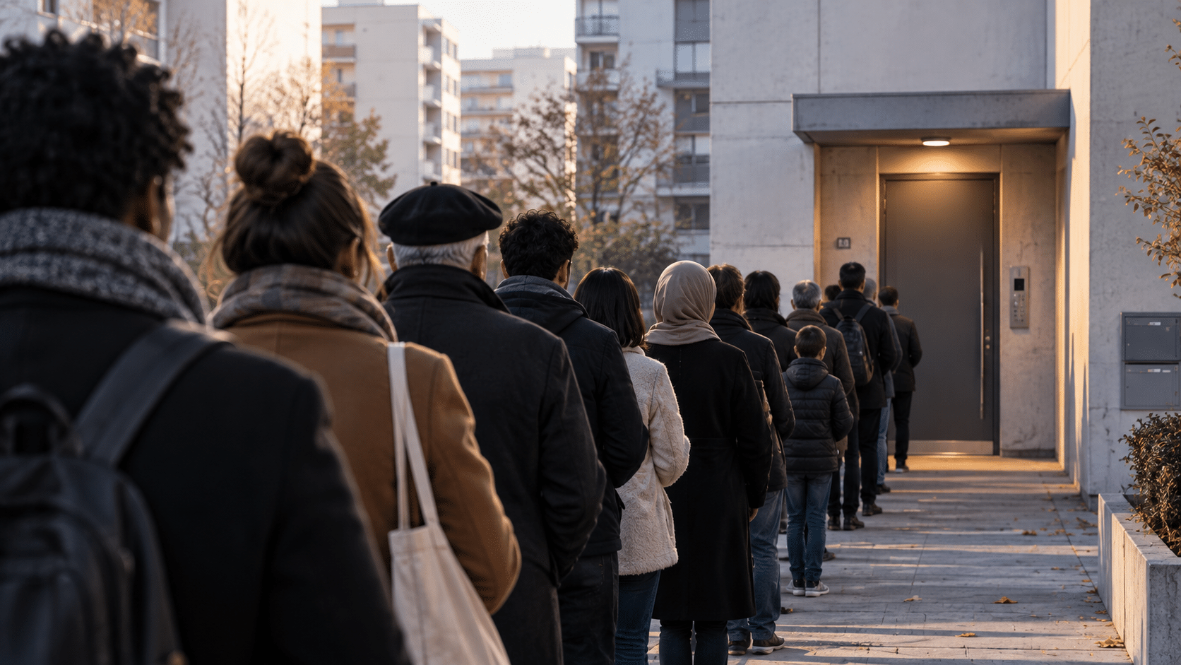 File d’attente devant l’entrée d’un immeuble de logements collectifs, illustrant la pénurie de logements.