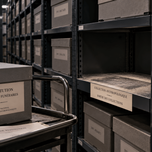 Boîte destinée à une restitution funéraire quittant les réserves d’un musée, entourée de nombreuses boîtes de collections anthropologiques. Illustration générée par intelligence artificielle — YKMinfo.