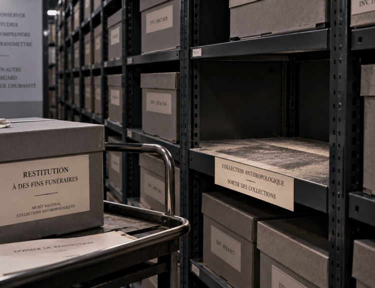 Boîte destinée à une restitution funéraire quittant les réserves d’un musée, entourée de nombreuses boîtes de collections anthropologiques. Illustration générée par intelligence artificielle — YKMinfo.