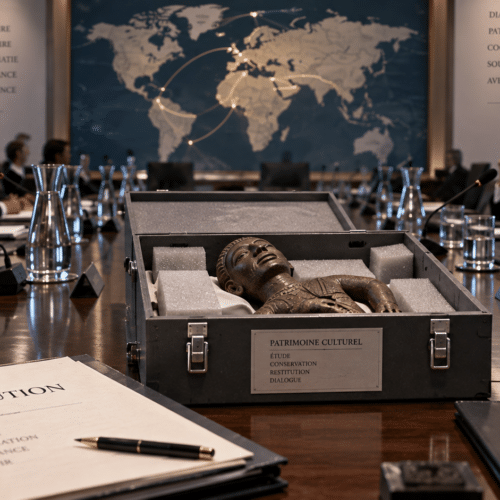 Objet patrimonial dans une caisse de restitution au centre d’une table de négociation diplomatique internationale. Illustration générée par intelligence artificielle pour YKMinfo.