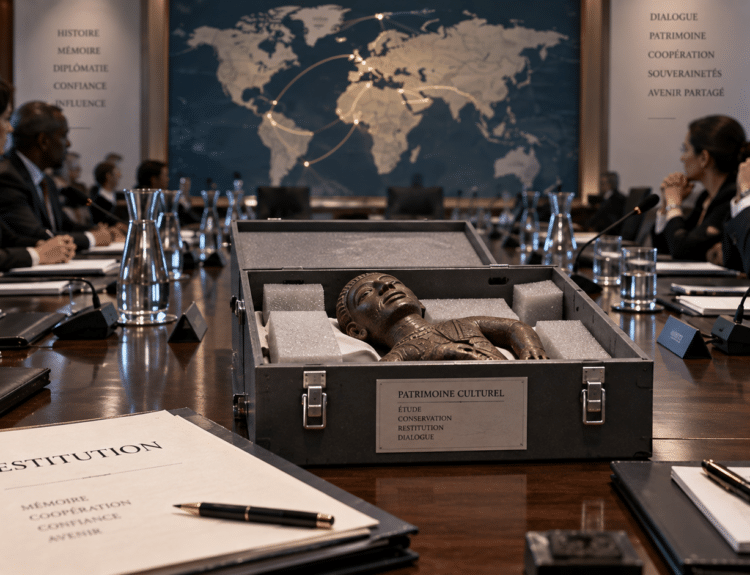 Objet patrimonial dans une caisse de restitution au centre d’une table de négociation diplomatique internationale. Illustration générée par intelligence artificielle pour YKMinfo.