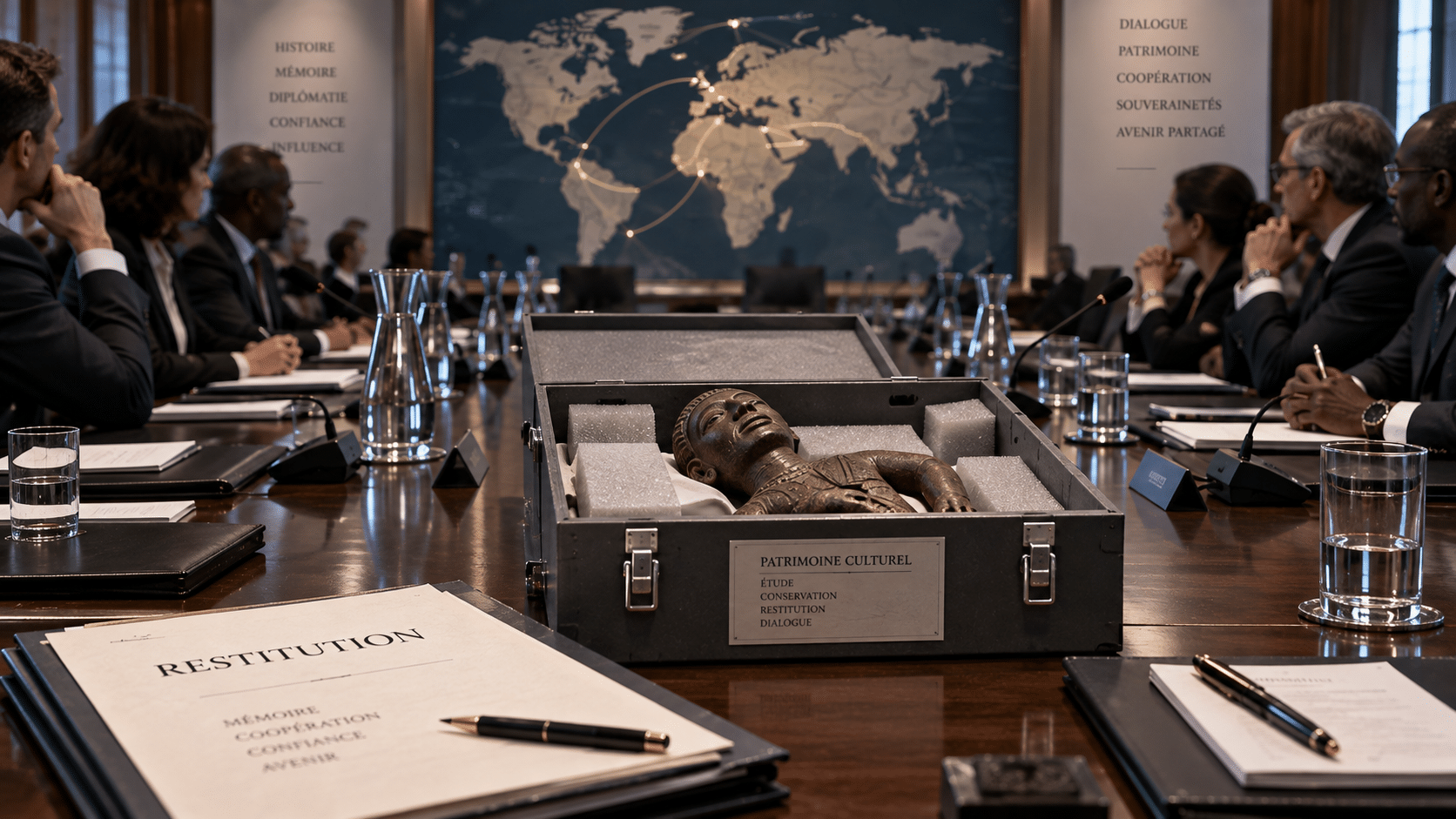 Objet patrimonial dans une caisse de restitution au centre d’une table de négociation diplomatique internationale. Illustration générée par intelligence artificielle pour YKMinfo.