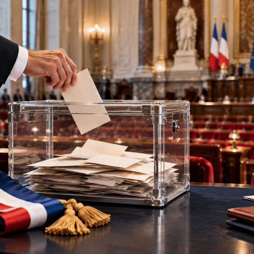 Grand électeur déposant une enveloppe dans une urne devant l’hémicycle du Sénat. Illustration générée par intelligence artificielle — YKMinfo.