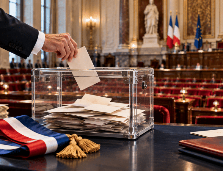 Grand électeur déposant une enveloppe dans une urne devant l’hémicycle du Sénat. Illustration générée par intelligence artificielle — YKMinfo.